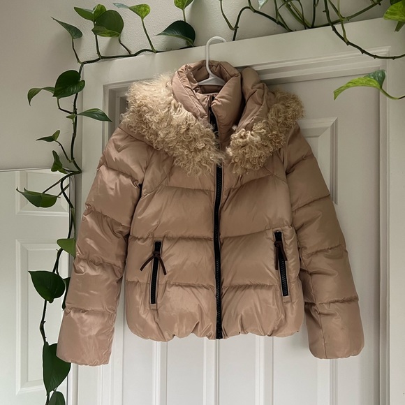 Tan almond down cropped bomber with faux fur trim - Picture 1 of 2